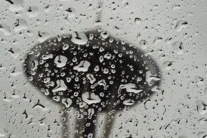 The Space Needle appears upside down in raindrops on the window of a car in January. (Ellen M. Banner / The Seattle Times)